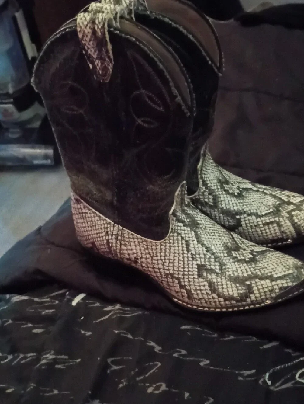 Boys Snake-Print Western Boots - Black and Cream And Hunter Green